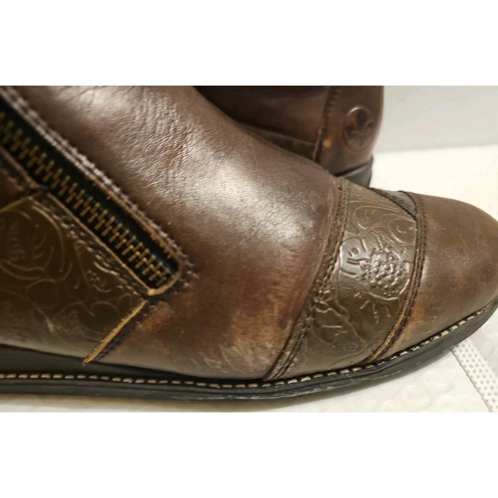 Rieker Brown Leather Ankle Boots Double Side Zip Size EU 38 Floral Etching - Picture 7 of 14